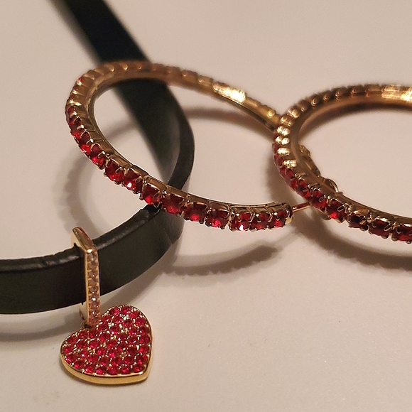 Kate Spade Red Yours Truly Back Choker and Added Red Rhinestone Hoop Earrings